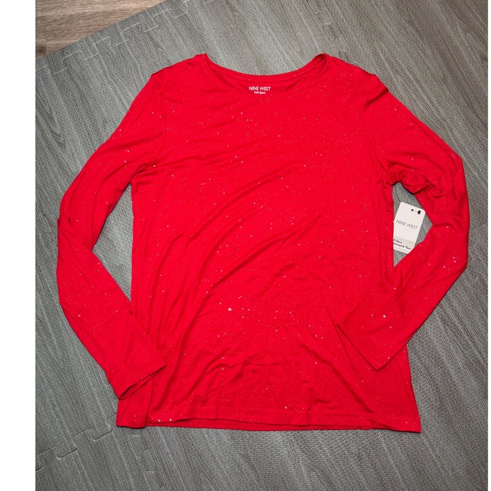 Nine West Soft Spun Red Speckled Long Sleeve Crewneck Tee Womens Medium NWT